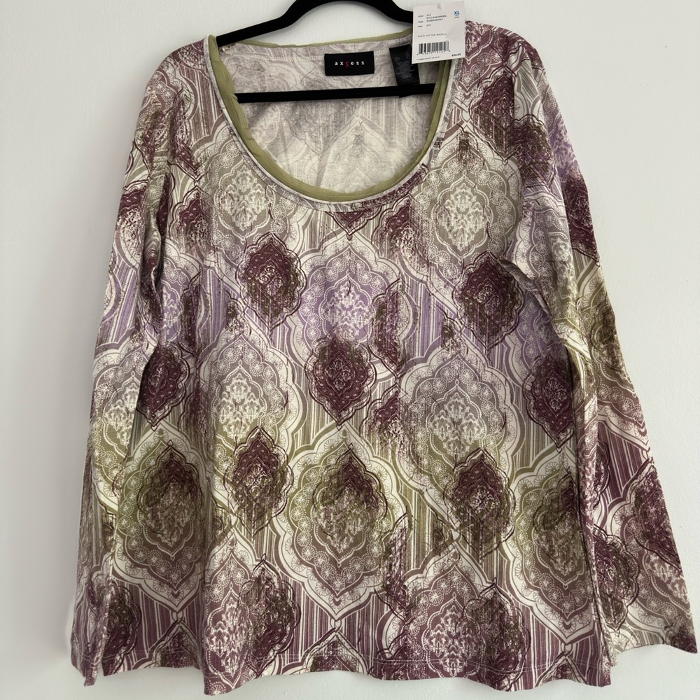 Axcess Womens XL Long Sleeve Paisley Medallion Scoop Neck Top Purple Green NWT